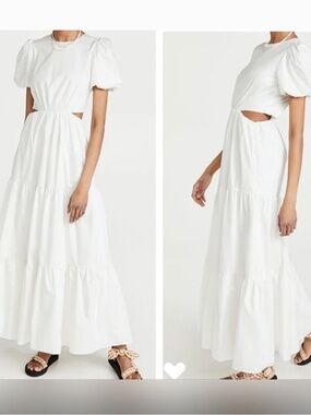 WAYF Plaza Cutout Tiered Maxi Dress in Ivory White Puff Sleeve XS